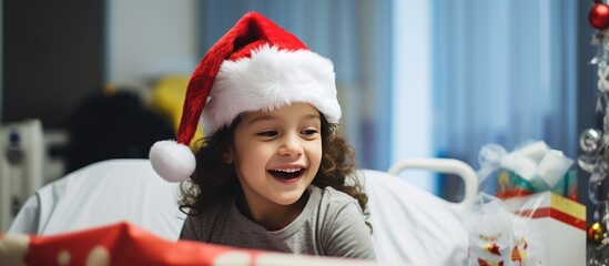 A young girl in a Santa hat eagerly unwraps a Christmas present while sitting in a hospital room. She looks excited and joyful as she reveals the gift inside.