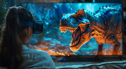 girl in salon watching movie with dinosaur at the vr glasses, amazing view and new technology