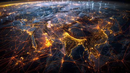 A bird's eye view of Asia, with a network of glowing lines connecting major cities, with details of the lines' intricate patterns, the cities' bright lights, and the vastness of the continent.