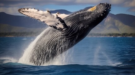 A stunning poster depicting a humpback whale in its natural environment. Huge jump of a humpback whale. Generative AI