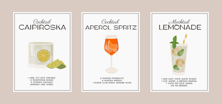 Caipiroska, Aperol Spritz Cocktail and Lemonade Mocktail. Classic alcohol beverage recipe with ingredient. Modern trendy graphic print. Minimalist simple poster set. Vector illustration.