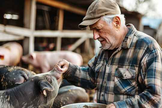 Farmer feeding pigs, elderly farmer with herd of pigs in pig sty on a farm with copy space