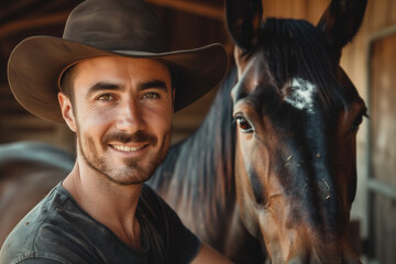 Horse keeper, man in a cowboy hat and an equine animal in a stable on a farm with copy space - obrazy, fototapety, plakaty