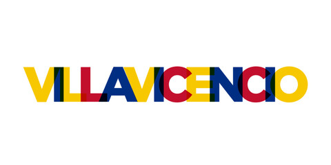 Villavicencio in the Colombia emblem. The design features a geometric style, vector illustration with bold typography in a modern font. The graphic slogan lettering.