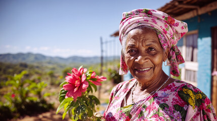 A radiant elderly woman with a colorful floral headwrap smiles warmly in front of a tropical landscape, symbolizing grace and vitality in later years - Generative AI