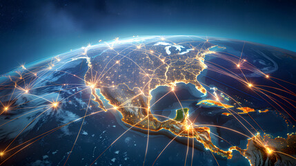 A bird's eye view of North America, with a network of glowing lines connecting major cities, with details of the lines' intricate patterns, the cities' bright lights.