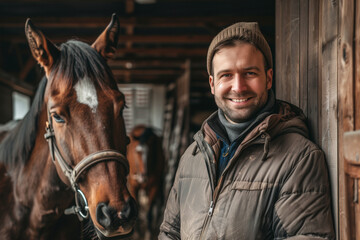 Horse keeper, man in a stable working with an equine animal on a farm with copy space - obrazy, fototapety, plakaty