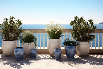 Mediterranean Seafront Balcony Paradise: Ceramic Pots and Stylish Planters - obrazy, fototapety, plakaty