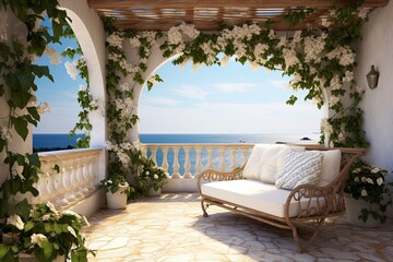 Fototapeta premium Enchanting Mediterranean Seafront Balcony: Climbing Vines & Natural Decor Design