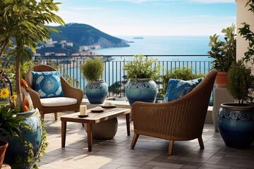 Mediterranean Seafront Balcony Dec�r: Ceramic Pots & Decorative Planters - obrazy, fototapety, plakaty