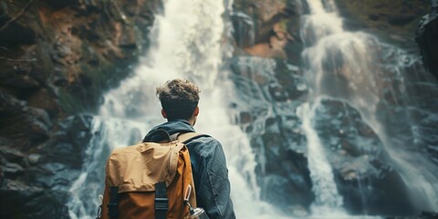 A man gazes in wonder at a majestic waterfall