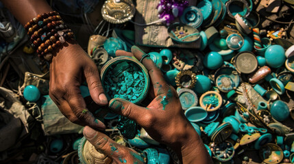 Hands sifting through a vibrant collection of assorted trinkets and jewelry under warm sunlight showcasing texture and detail