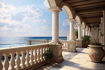 Fototapeta premium Mediterranean Seafront Balcony: Stone-Adorned Textured Details Concept
