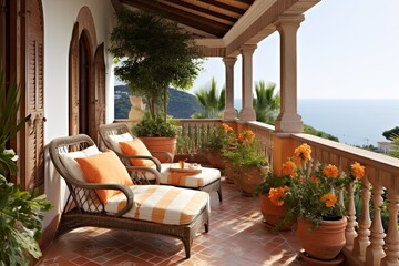 Fototapeta premium Terracotta Charm: Mediterranean Seafront Balcony Concepts with Rustic Tiles
