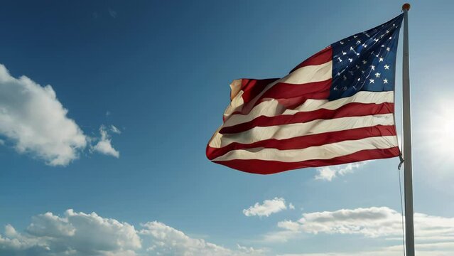 The United States flag waves majestically against a serene blue sky, symbolizing freedom and patriotism., Photorealistic