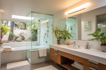 Fototapeta na wymiar Privacy Retreat: Mid-Century Modern Bathroom Oasis with Frosted Glass Shower