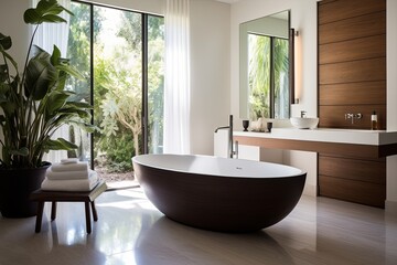 Fototapeta na wymiar Freestanding Bathtub Elegance: Mid-Century Modern Bathroom Oasis