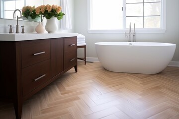 Fototapeta na wymiar Stylish Herringbone Tile: Mid-Century Modern Bathroom Oasis with Fashionable Flooring