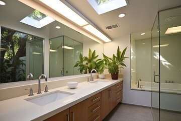 Fototapeta na wymiar Retro Glow: Mid-Century Modern Bathroom Oasis with Recessed Lighting