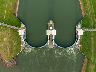 aerial view of the wier at Driel, Netherlands - 755223325