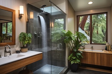 Rainfall Showerhead Bliss: Mid-Century Modern Bathroom Oasis for a Spa-Like Shower Experience