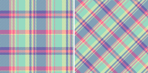 Vector tartan texture of seamless background textile with a check pattern plaid fabric. Set in happy colors. Ribbon craft ideas.