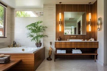 Teak Wood Haven: Mid-Century Modern Bathroom Oasis with Warm Atmosphere
