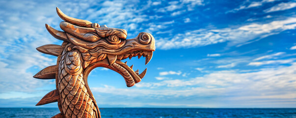 Dragon figurehead on a Viking longship, ocean background, copyspace, wide banner - obrazy, fototapety, plakaty