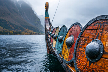 Viking longship with shields on the water, copyspace - obrazy, fototapety, plakaty