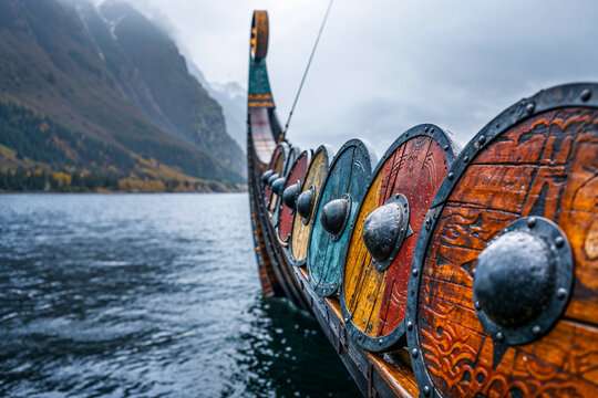 Viking longship with shields on the water, copyspace