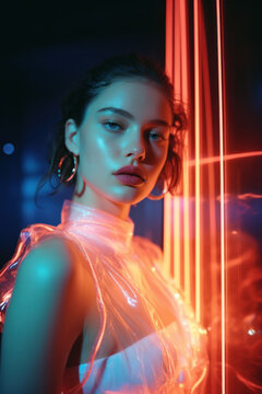 portrait of young caucasian woman in latex futuristic sci-fi virtual reality setting with pink pastel neon lights in retro 90s style robotic cinematic in magazine editorial textured film look
