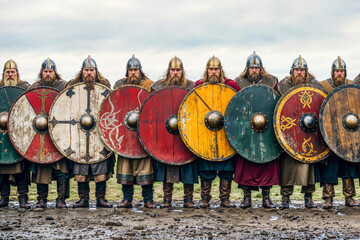 Naklejka premium Viking warriors standing in shield wall