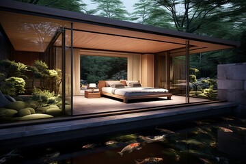 Japanese Minimalist Bedroom Decor with Koi Pond and Outdoor Connection