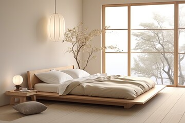 Tranquil Serenity: Minimalist Japanese Bedroom Decor in Neutral Color Palette 