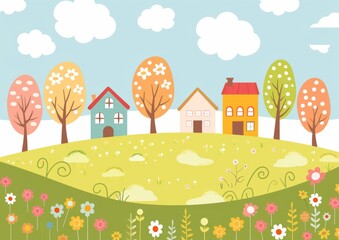 Cute cartoon spring background with houses, trees and flowers on the grassland Generative AI