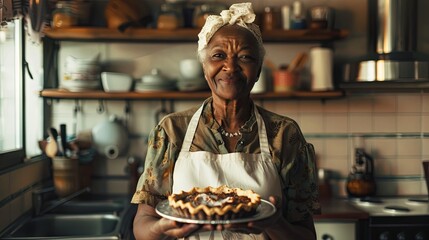 Grandmother holding baked sweet pie wallpaper background - Powered by Adobe
