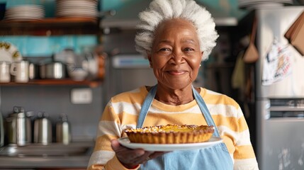 Grandmother holding baked sweet pie wallpaper background - obrazy, fototapety, plakaty