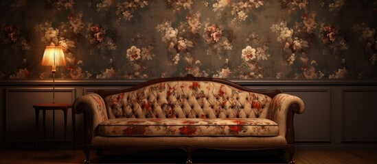 A vintage couch is placed next to a standing lamp in a room with wooden floors and wallpaper on the walls. The furniture pieces create a cozy and inviting atmosphere. - obrazy, fototapety, plakaty