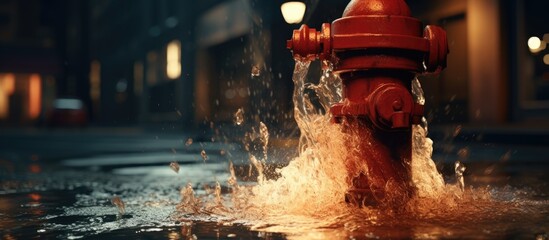 A red fire hydrant is releasing water onto a wet street at night, illuminated by automotive lighting. Nearby vehicles navigate carefully to avoid the slippery surface - Powered by Adobe