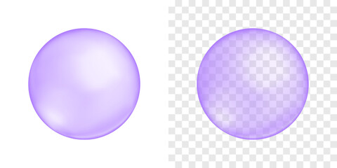 Purple bubbles on transparent and white background. Bead balls. Glass or plastic spheres. Blueberry bubble gums. Elements of soap foam, bath suds, sweet fizzy water. Vector realistic illustration.
