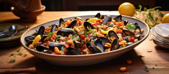 A dish of mussels and shrimp is placed on a rustic wooden table, showcasing a delightful seafood...