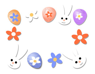 Fame with Easter symbols (eggs, flowers and bunnies) on a transparent background.