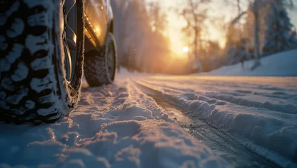 Foto auf Alu-Dibond An automotive tire grips the icy road as the car travels through a snowy landscape at sunset, with frost covering plants and trees © RichWolf