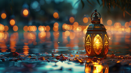 Eid Mubarak Banner Background With Arabic Light Burning Lantern - obrazy, fototapety, plakaty