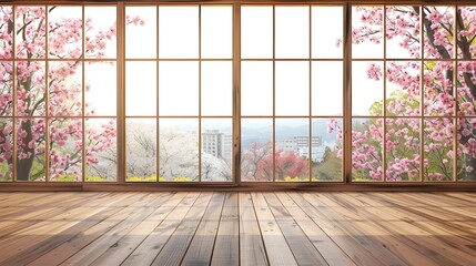 Empty Japanese room with wooden flooring, sakura flowers spring blossom view from the window in Japan
