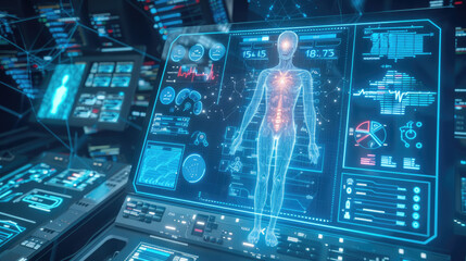 Futuristic medical interface displaying a holographic human body with various health metrics and data visualizations surrounding it