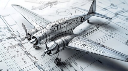 Blue print created model airplane 3d model calculated blueprint sketchbook design AI Image Generative