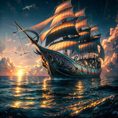 Beautiful Pirates ship in the sea at night mode