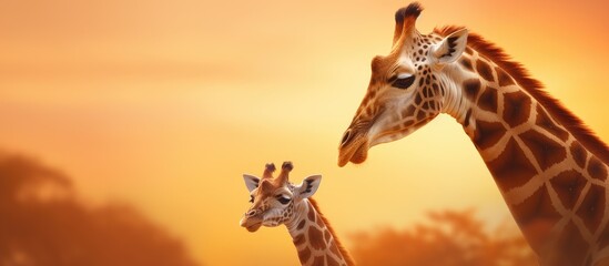 A pair of giraffes, possibly a parent and child, stand side by side in a grassy savanna. Their long...
