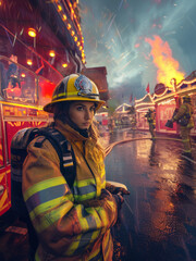 A female firefighter in protective gear stands in front of a burning amusement park.